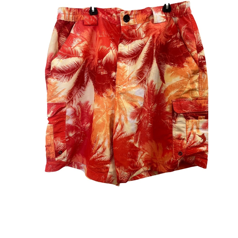 Reel Legends Mens Red Palm Tree Tropical Cargo Fishing Shorts Large Marlin Logo